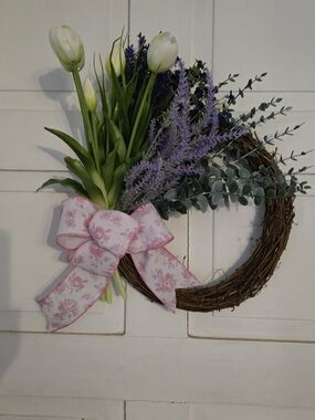 Spring Floral Grapevine Wreath with White Tulips & Lavender